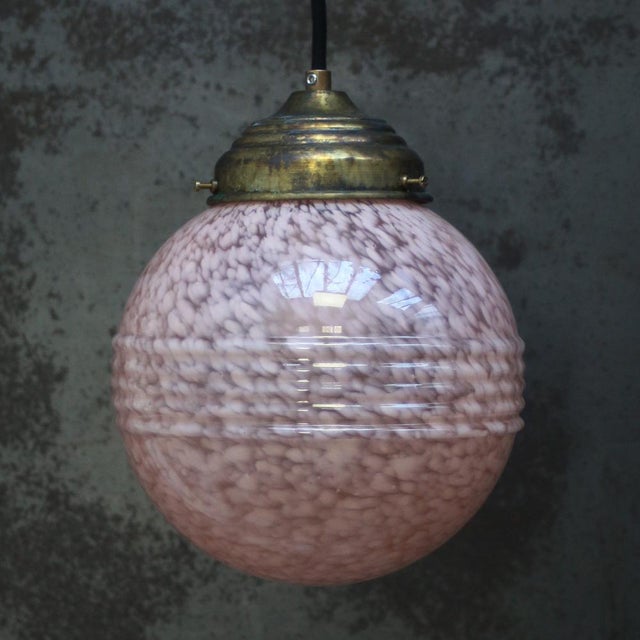 1950s French Pink Reeded Clichy Glass Pendant Lamp For Sale - Image 5 of 7