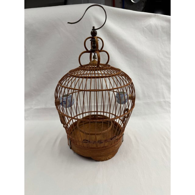 1980's Asian Bamboo Birdcage With Ceramic Feeders For Sale - Image 9 of 10