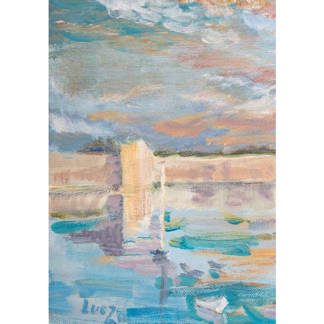 The port, oil on canvas, 20th century. School of Paris, Evelyne Luez. Measures: H: 27 cm, W: 35 cm, D: 2.5 cm.