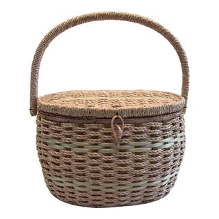 Vintage Oval Woven Weave Wicker Sewing Basket For Sale