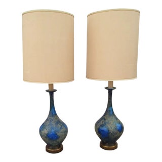 Pair of Mid-Century Modern Helmut Bruchman Style Genie Bottle Blue Glaze Ceramic Lamps For Sale