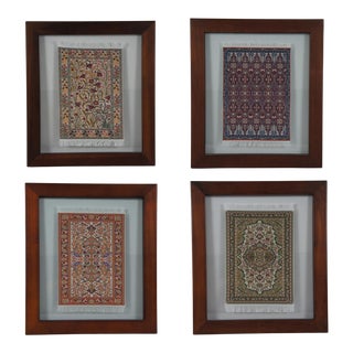 Late 20th Century Mahogany Framed Miniature Oriental Animal Print Floral Medallion Rugs s - Set of 4 For Sale
