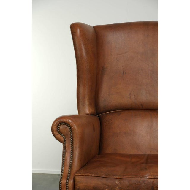 Sheepskin Wing Armchair in Warm Cognac Color For Sale - Image 9 of 13