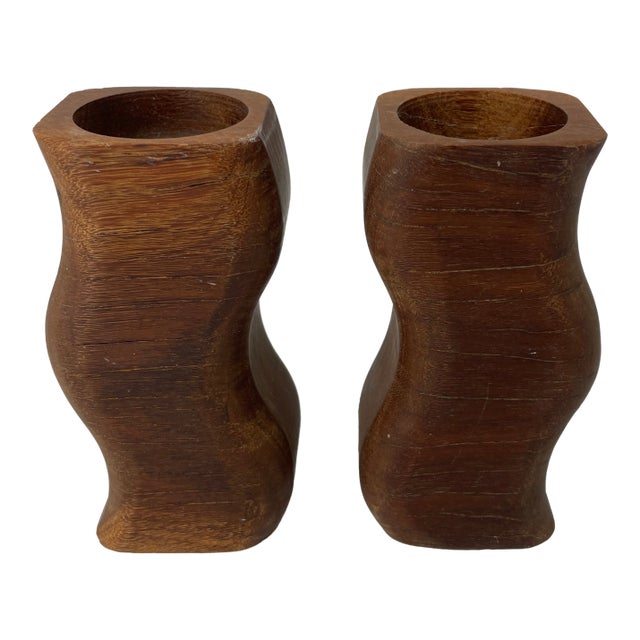 Rustic Swizzle Wooden Candleholders - A Pair For Sale