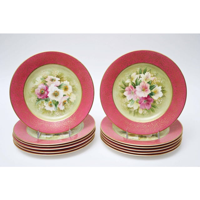 12 Pretty Pink Antique Floral Dessert Plates, HandPainted, Artist