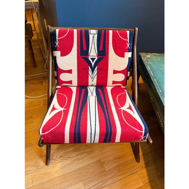 Mid-Century Modern MCM Walnut Chair With Vintage Pendleton Will Upholstery For Sale - Image 3 of 6