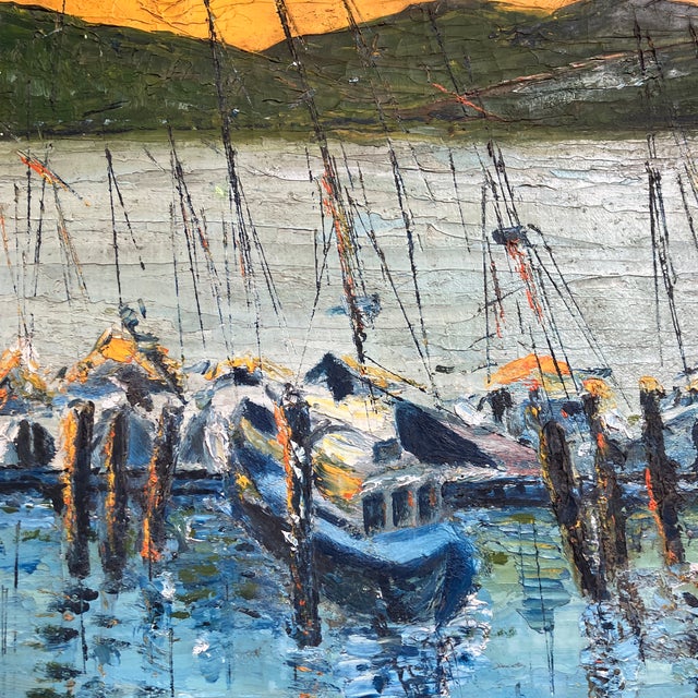 1980’s Original Impressionist/Abstract Sailboat Mooring Sausalito California Painting Vintage Carved Wood Frame Signed For Sale - Image 4 of 7