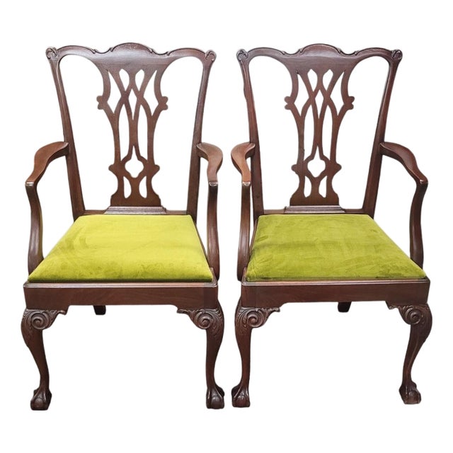 Pair Fine Vintage 1940s Chippendale Arm Chairs in Velvet For Sale