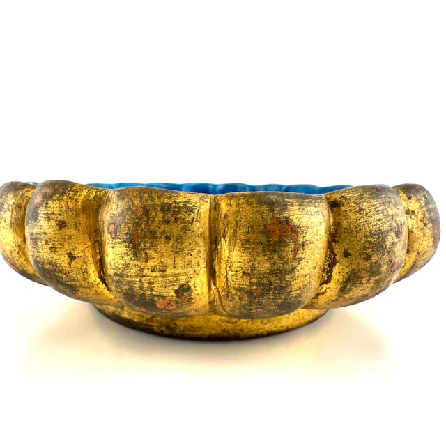 Vintage Italian Blue Crackle Glaze & Gilt Scalloped Ceramic Bowl For Sale - Image 4 of 11