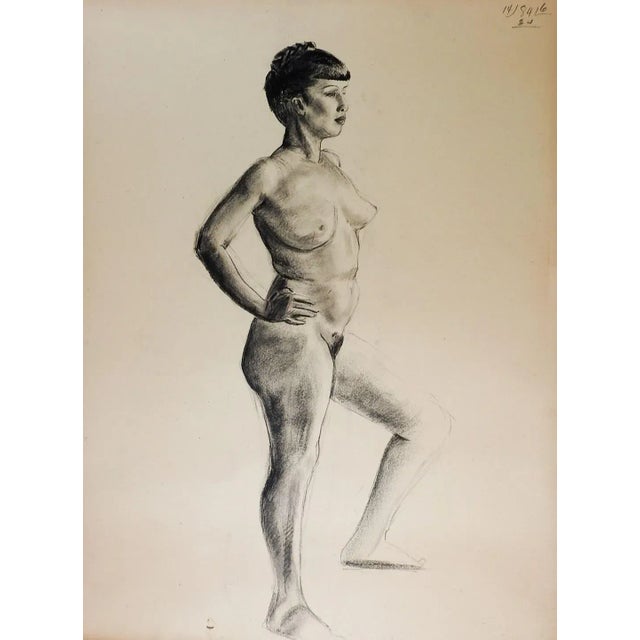 Mid-Century Modern Vintage 1950s Charcoal Nude Female Figure Study Drawing For Sale - Image 3 of 3
