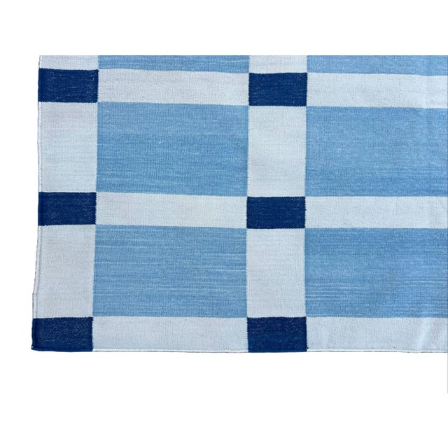Handwoven Cotton Area Rug, Vegetable Dyed, Sky Blue and White Geometric Dhurrie - 10'x14' For Sale - Image 10 of 10