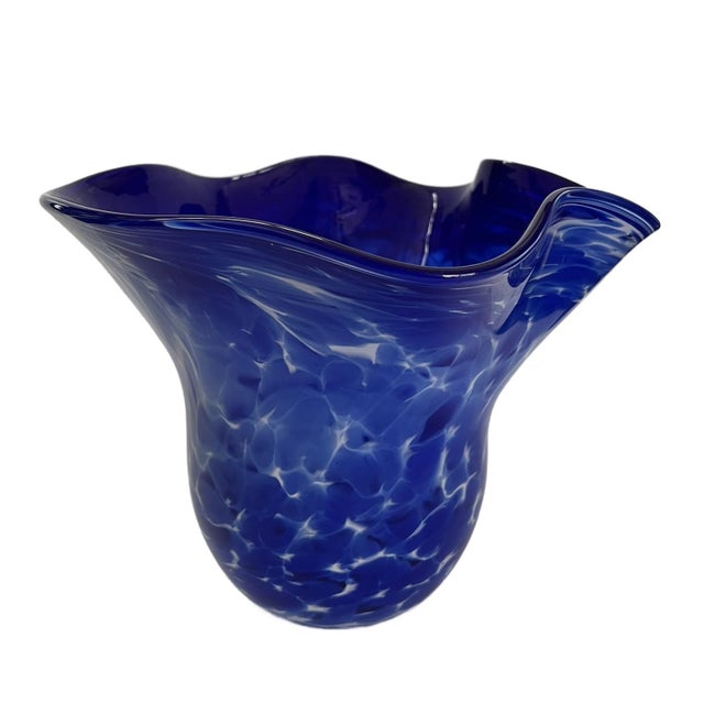 Vintage Hand Blown Murano Style Cobalt Blue Handkerchief Vase For Sale - Image 4 of 13