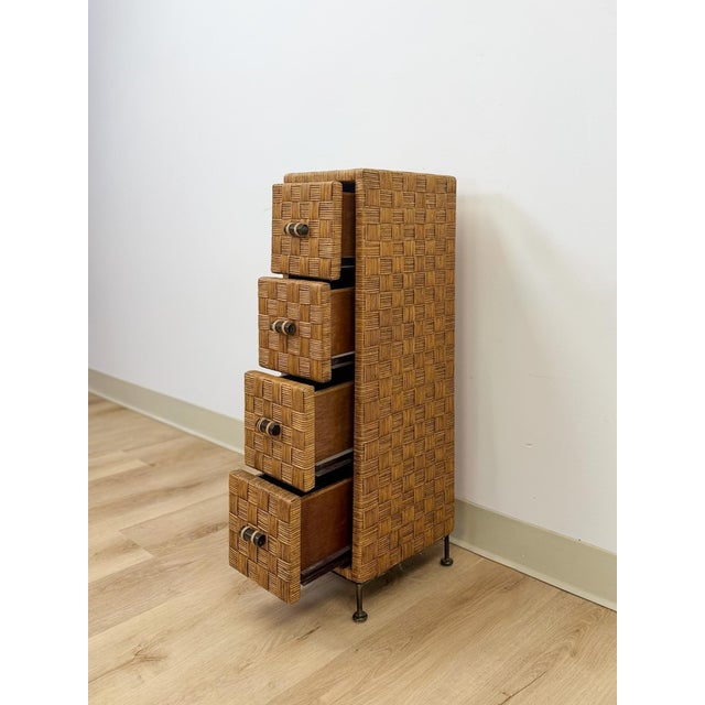 Brown Wicker Parquetry Apothecary Narrow Four Drawer Chest Metal Base Coastal For Sale - Image 8 of 10