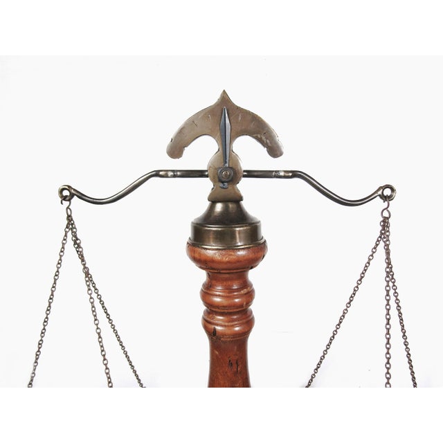 A Sculptural Brass Balance Scale on a Warm Wood Base—instant Library-Worthy Drama. For Sale - Image 4 of 10