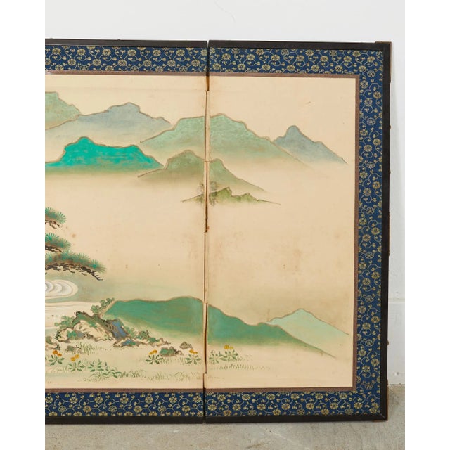 19th Century Pair of Japanese Edo Screens Minogame Turtles in Spring Landscape For Sale - Image 5 of 12
