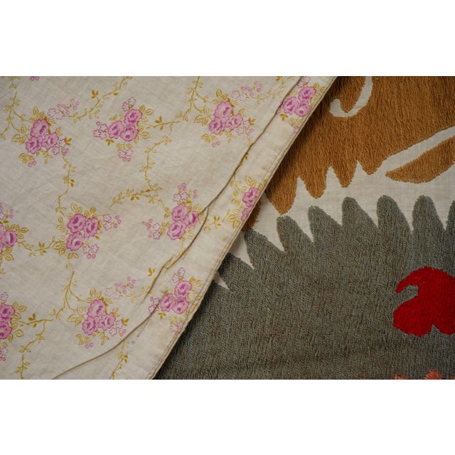 Textile Suzani Wall Hanging, Mustard Green Red Uzbek Hand Embroidery 4'2'' X 4'5'' For Sale - Image 7 of 10