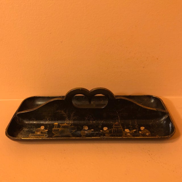 Antique Mid 19th Century Papier-mâché hand painted gilt accented double pen tray with handle.