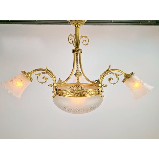 Antique Art Deco Glass and Bronze Chandelier, France, 1930s For Sale - Image 5 of 14