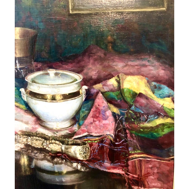 Nina Karasek, 1925 Viennese Oil Painting Interior Still Life with Porcelain Vase, Tapestry Rug, 1925 For Sale - Image 9 of 14