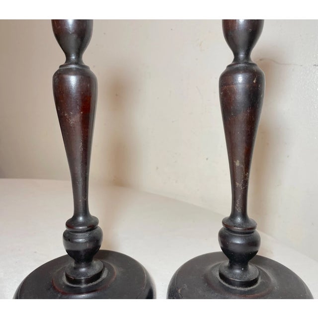 Pair Antique 19th Century Turned English Wood Brass Candlesticks Candle Holders For Sale - Image 4 of 8