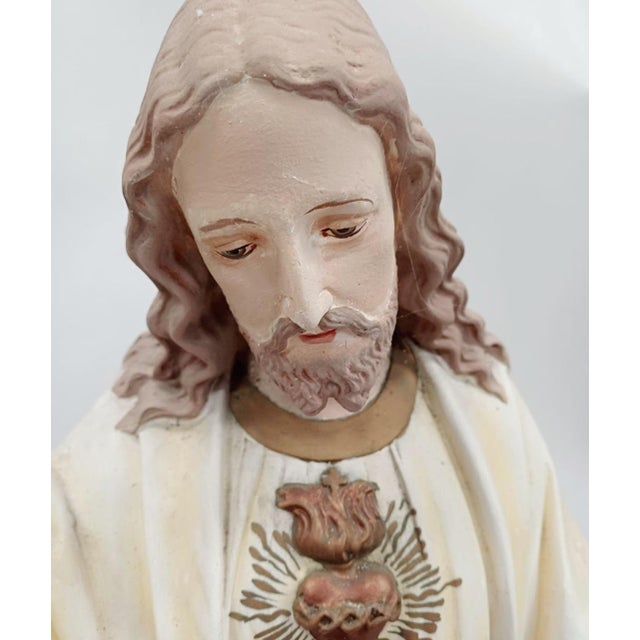 Large Belgian Devotional Polychrome Sacred Heart of Jesus Statue, 1900s For Sale - Image 4 of 10