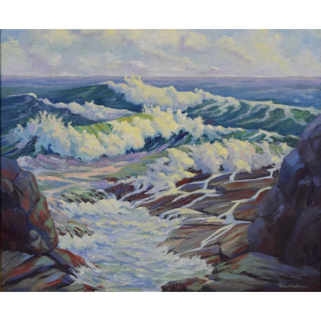 Stunning vintage seascape of waves crashing on a rocky coastline titled "Halibut Rocks" on verso, likely of Halibut Point...