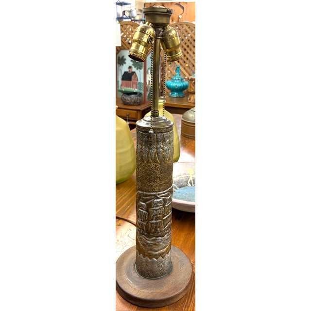 Folk Art Antique Trench Art Lamp - Sailboat - Etched Name on Front - Seagull - Folk Art For Sale - Image 3 of 7