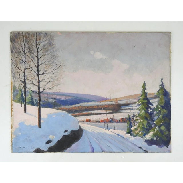 Vintage 1948 Snow Covered New Jersey Winter Sunrise Landscape Painting For Sale - Image 4 of 5