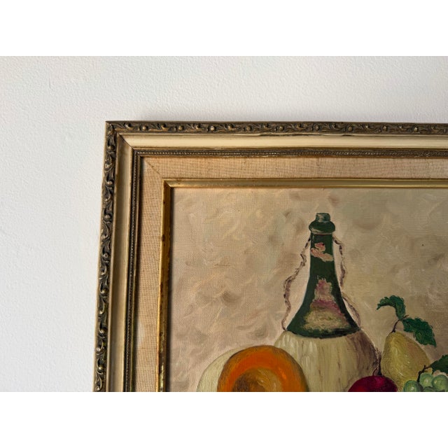 1970s Frances Heller “Fruit and Wine” Still Life Oil on Canvas Board Painting, Wood Framed For Sale In Miami - Image 6 of 10