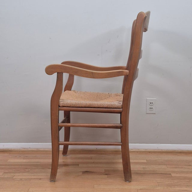 Brown Mid 20th Century French Country Farmhouse Ladder Back Rush Seat Arm Chair For Sale - Image 8 of 11