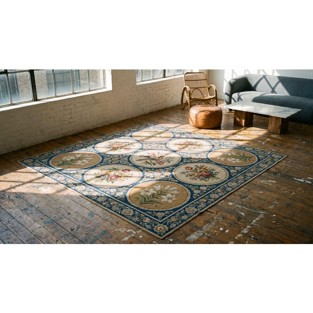 1870s Blue Floral Antique English Victorian Needlepoint Carpet 6' X 6' Flatweave Wool Rug For Sale - Image 11 of 12