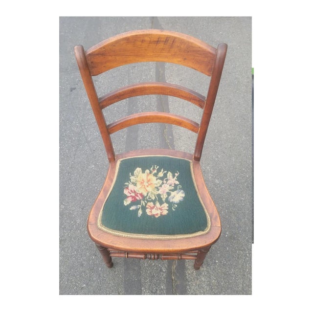 Tan A Pair of Early 20th Century Victorian Style Ladder Back Walnut and Needlepoint Upholstered Seat Side Chairs For Sale - Image 8 of 11
