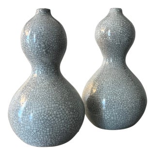 Vintage Japanese Raku Crackle Glaze Studio Art Pottery Showa Period Gourd Shape Vases - A Pair For Sale