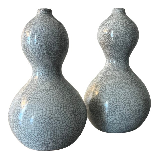 Vintage Japanese Raku Crackle Glaze Studio Art Pottery Showa Period Gourd Shape Vases - A Pair For Sale