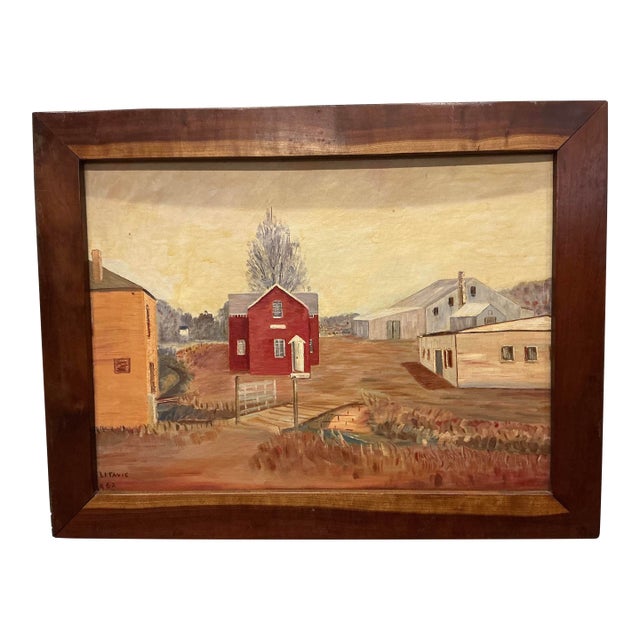 Red Barn in Rural Landscape. Oil on Board. Litavic, 1962. For Sale