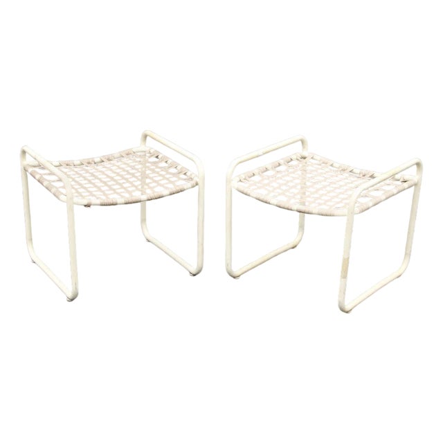 Brown Jordan Vintage Pair 'Lido' Aluminum Outdoor Patio Stools or Ottomans For Sale