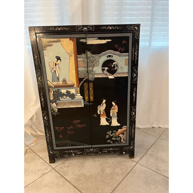 Mid-Century Chinese Black Lacquer Cabinet With Mother of Pearl Inlays For Sale - Image 12 of 17