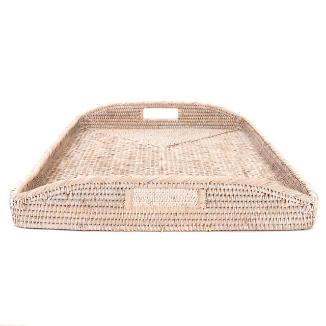 Artifacts Rattan Rectangular Ottoman Tray with High Handles in White Wash - 28" For Sale - Image 4 of 6