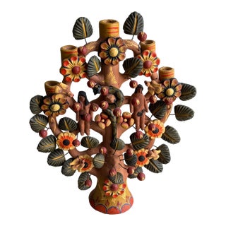 Mexican Folk Art Ceramic Candelabra Tree of Life Adam and Eve For Sale