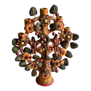 Mexican Folk Art Ceramic Candelabra Tree of Life Adam and Eve