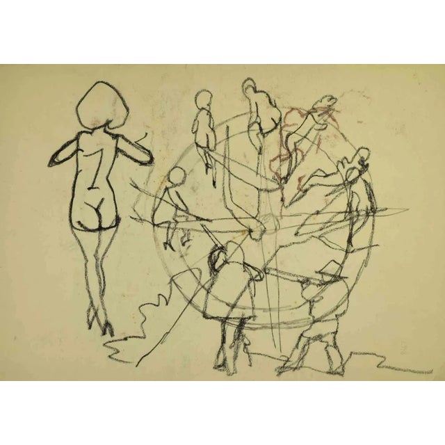 Figure is an artwork realized by Mino Maccari (1924-1989) in the Mid-20th Century. Charcoal and watercolor on paper....