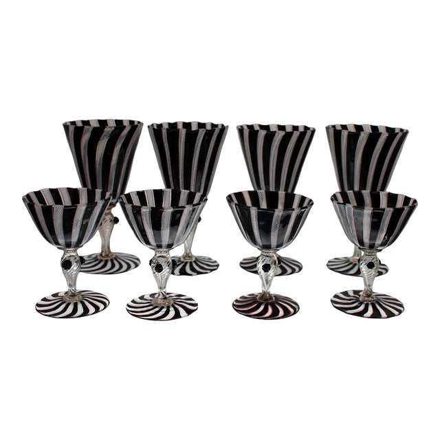 1950s Venini Salviati Zebrata Zanfirico Wine/Champagne Glasses Set of