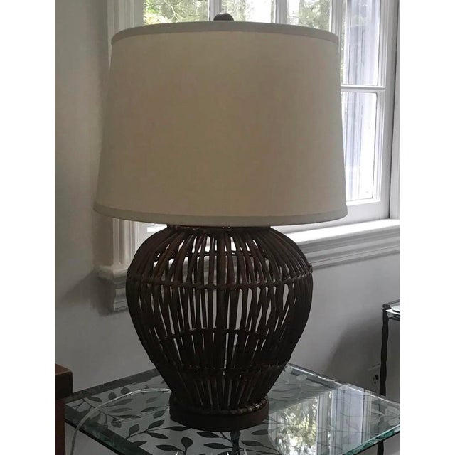 English Ralph Lauren Large Rattan Lamp With Shade For Sale - Image 3 of 8