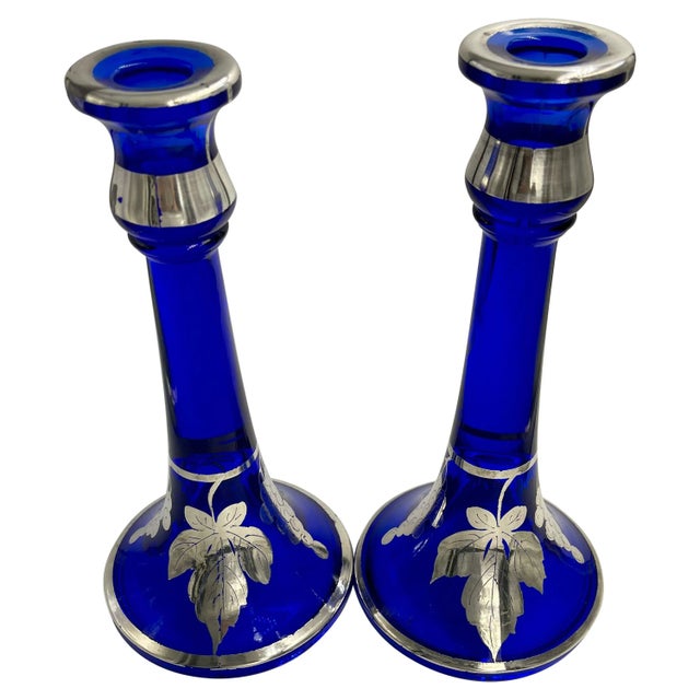Silver Overlay Colbalt Blue Grape and Leaf Candlestick Candle Holders - A Pair For Sale - Image 10 of 10