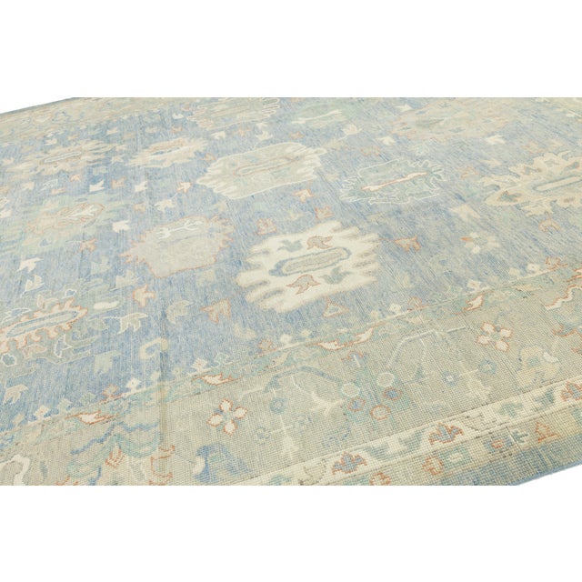 Textile Hand-Knotted Modern Oushak Wool Rug in Soft Sky Blue, Cream & Muted Teal For Sale - Image 7 of 11
