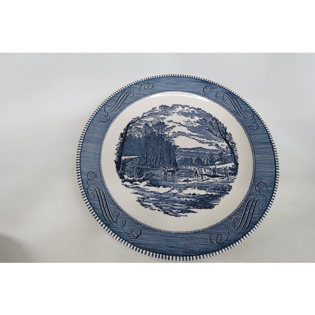 Mid-Century Modern Mid 20th Century Mid-Century Modern Currier and Ives Large Blue Chop Plates Getting Ice Pattern - a Pair For Sale - Image 3 of 10