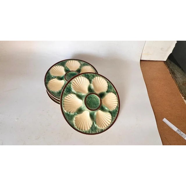 19th Century Green, White & Brown Glaze Majolica Oyster Plates, Set of 4 For Sale - Image 12 of 14