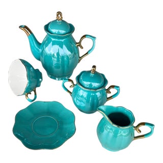 Vintage-Inspired Teal Lustre Tea Service With Gold Trim - 5 Pieces For Sale