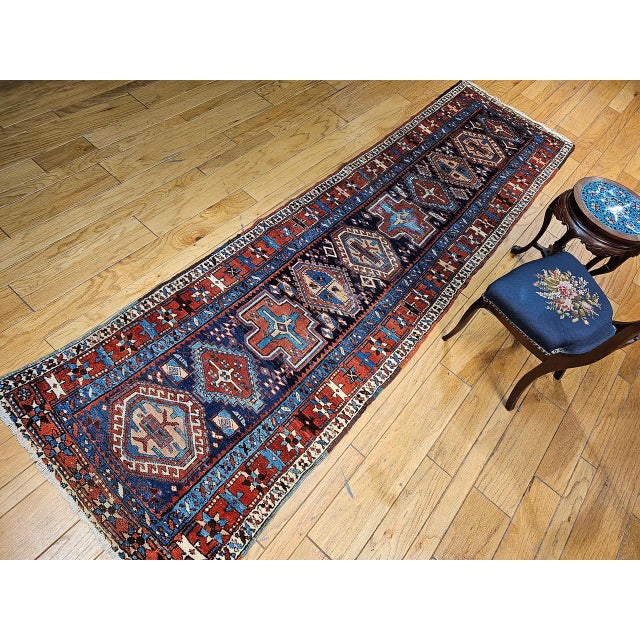 Persian Antique Heriz Serapi Runner Rug, Hand-Knotted Wool, Geometric Pattern, Navy & Red,4x12 For Sale - Image 3 of 11