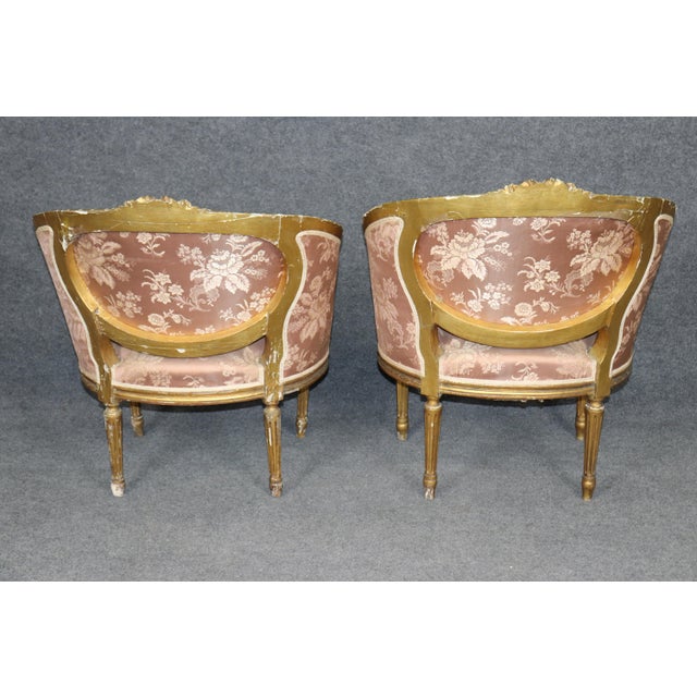 1930s Fantastic Pair of Giltwood Corbeille Form French Louis XVI Salon Bergere Chairs For Sale - Image 5 of 12